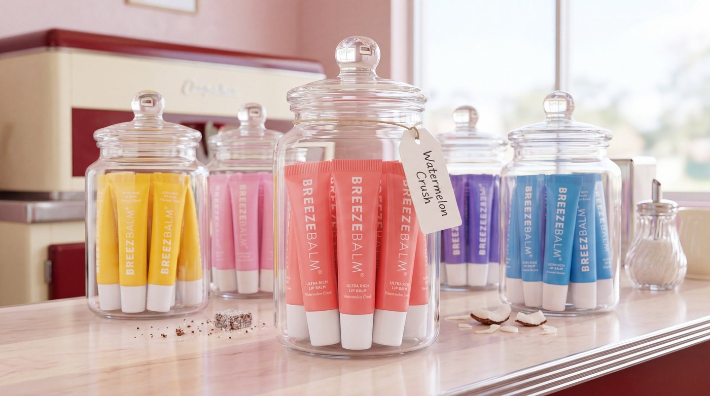 Balms displayed like lollies in glass jars